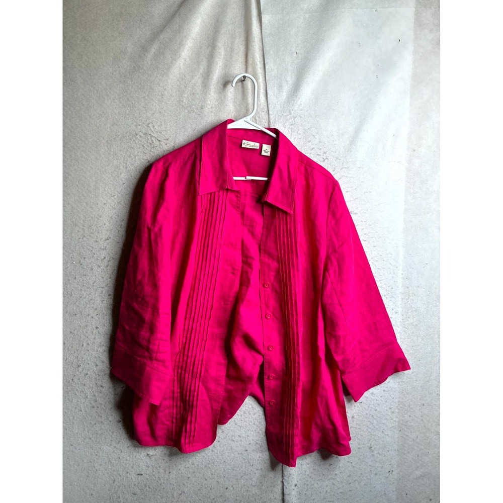 Kim Rogers Shirt Womens 1X Fuchsia Pink Linen Pintuck Front Casual Button Up